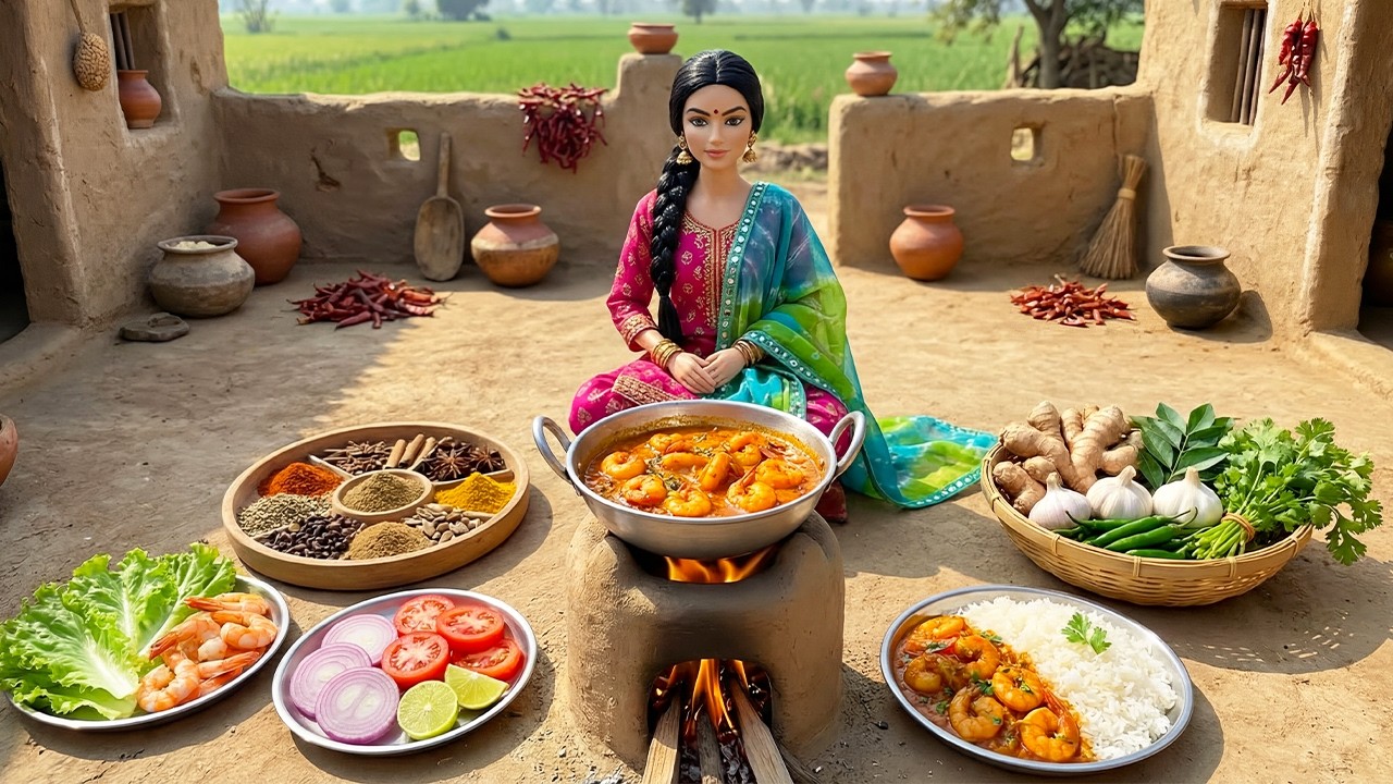 Miniature Doll Jhinga Masala & Steaming Kitchen Smoke Cooking ASMR|Indian Village Tiny Kitchen Story
