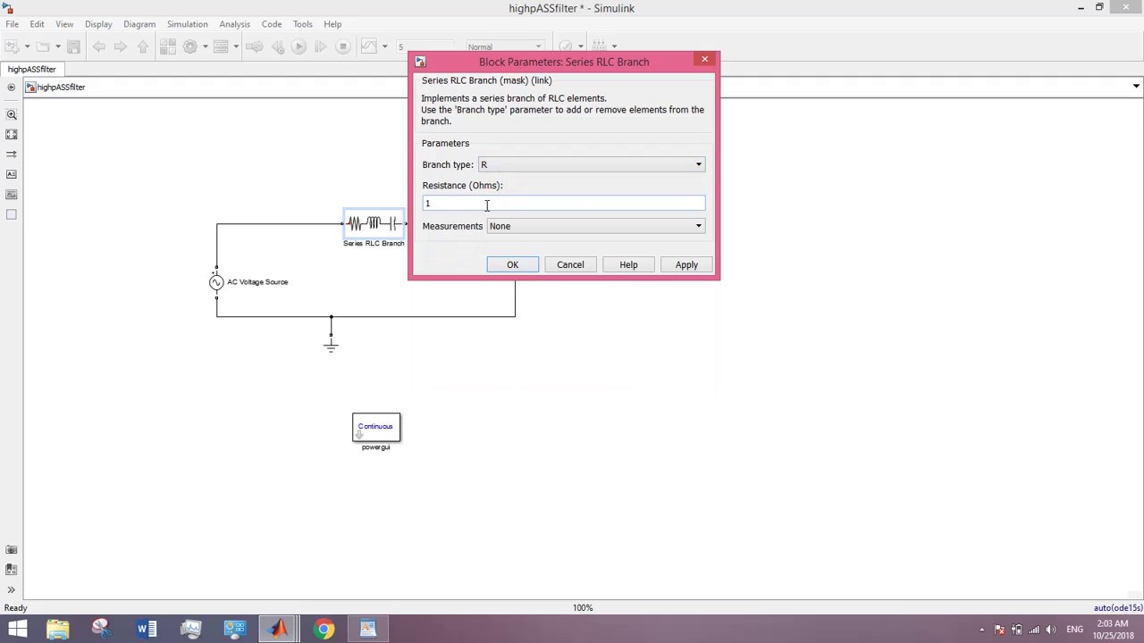 How to design a HIGH PASS RL FILTER on MALTAB SIMULINK