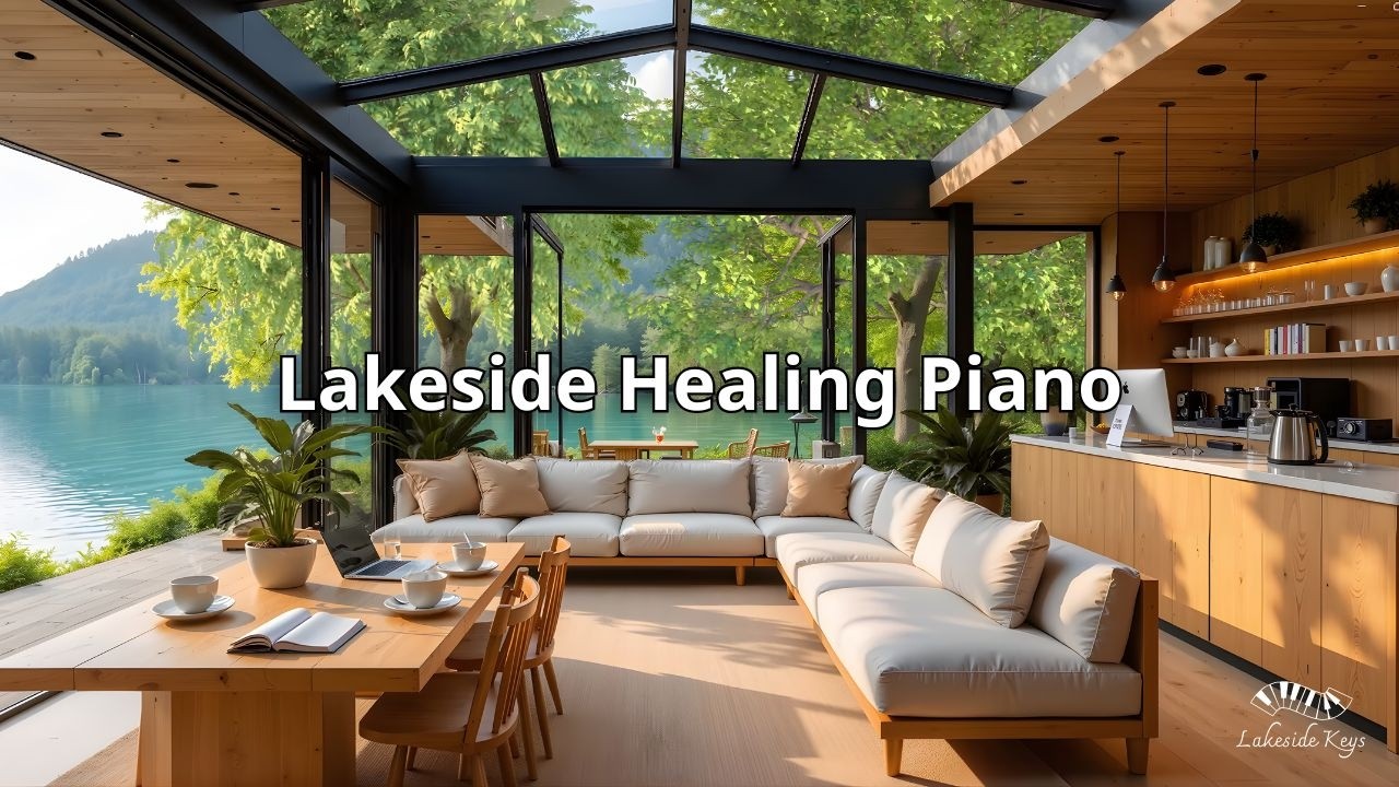 Healing Piano Lakeside Lounge with Birds🌿🎹 Glass Café Ambience for Focus, Mood & Enhance Inner Peace