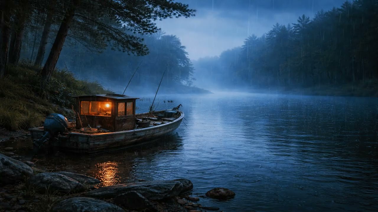 Relaxing Rain Sounds | River Bend Fishing Boat Morning – Gentle Rain