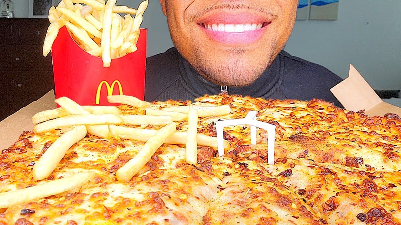 ASMR PIZZA HUT MUKBANG EATING EXTRA CHEESE PIZZA *BIG BITES* MCDONALD'S FRIES CHALLENGE TALKING