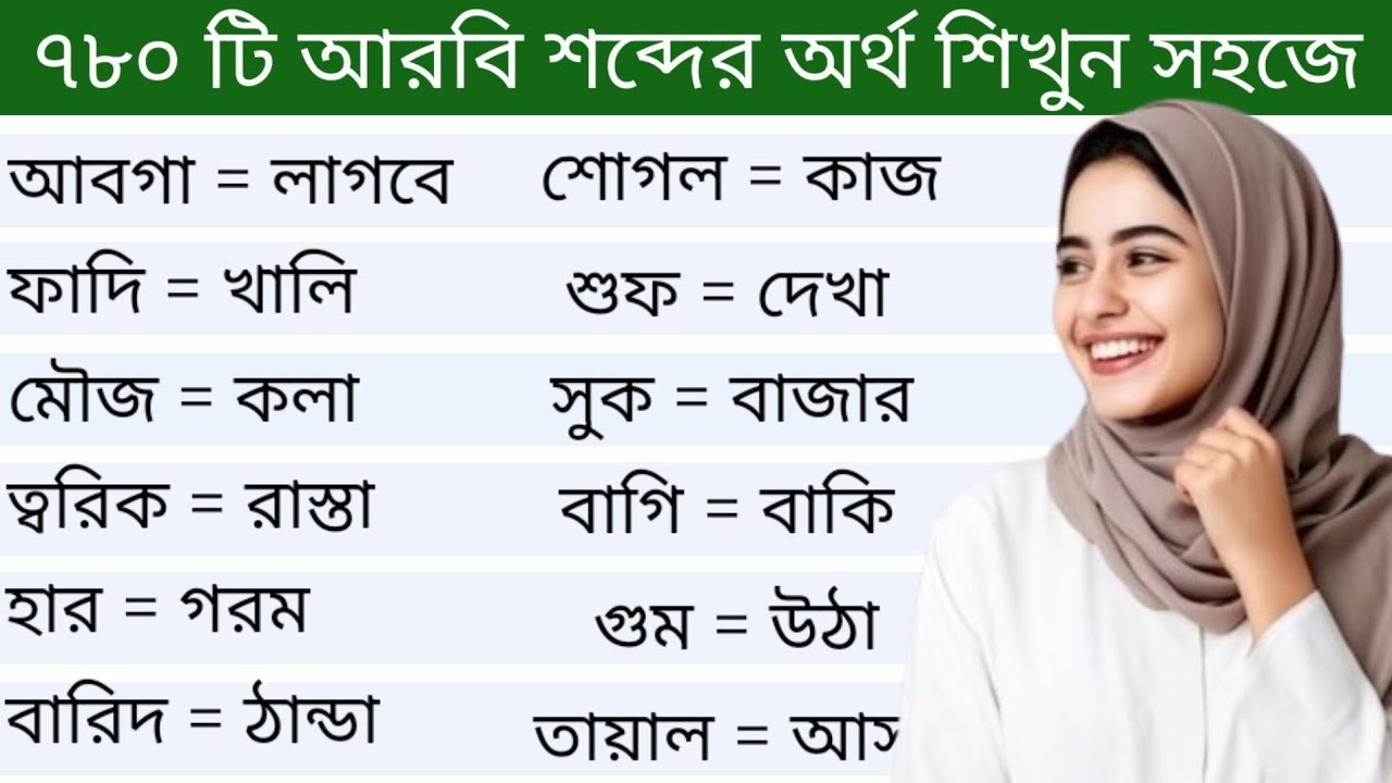 আরবি ভাষা শিক্ষা।। ৭৮০ টি আরবি শব্দের অর্থ ও বাংলা অর্থ শিখুন সহজে
