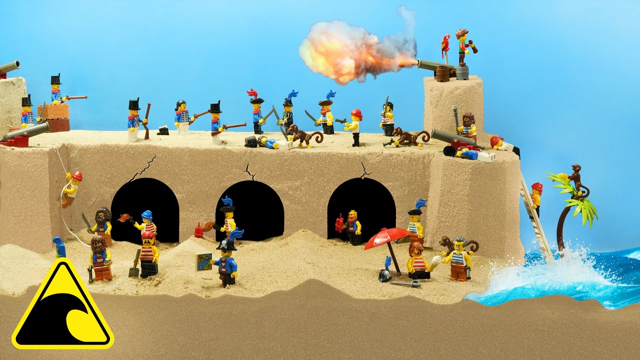 Lego Pirates Fort Hit by Tsunami - Dam Breach Experiment - Wave Machine vs Soldiers and Pirates