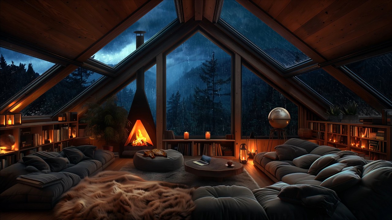 Cozy Attic Living Room Thunderstorm - Rain, Fireplace, and Lightning Ambience