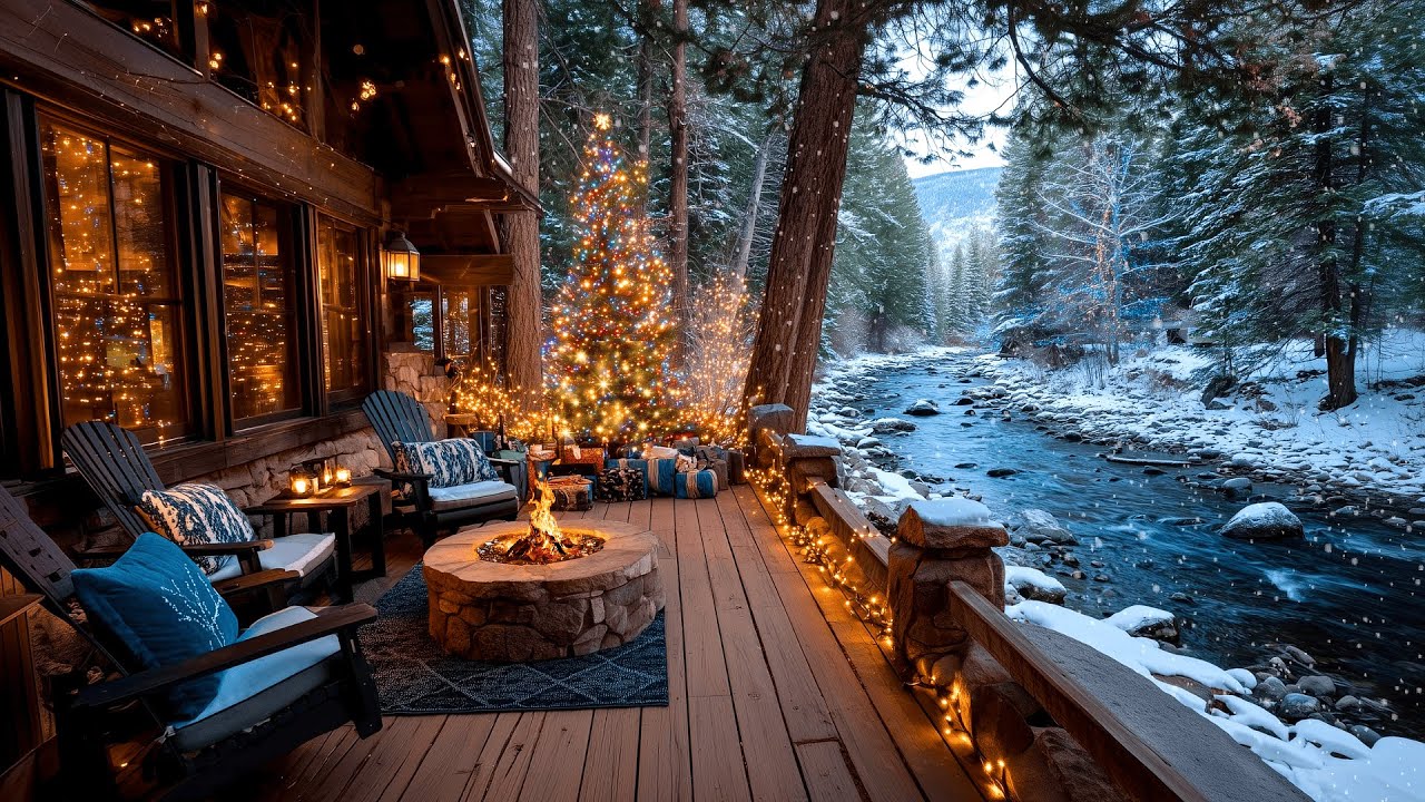 Christmas Snowfall Riverside Cabin | Winter Campfire Crackles & Nature Ambience