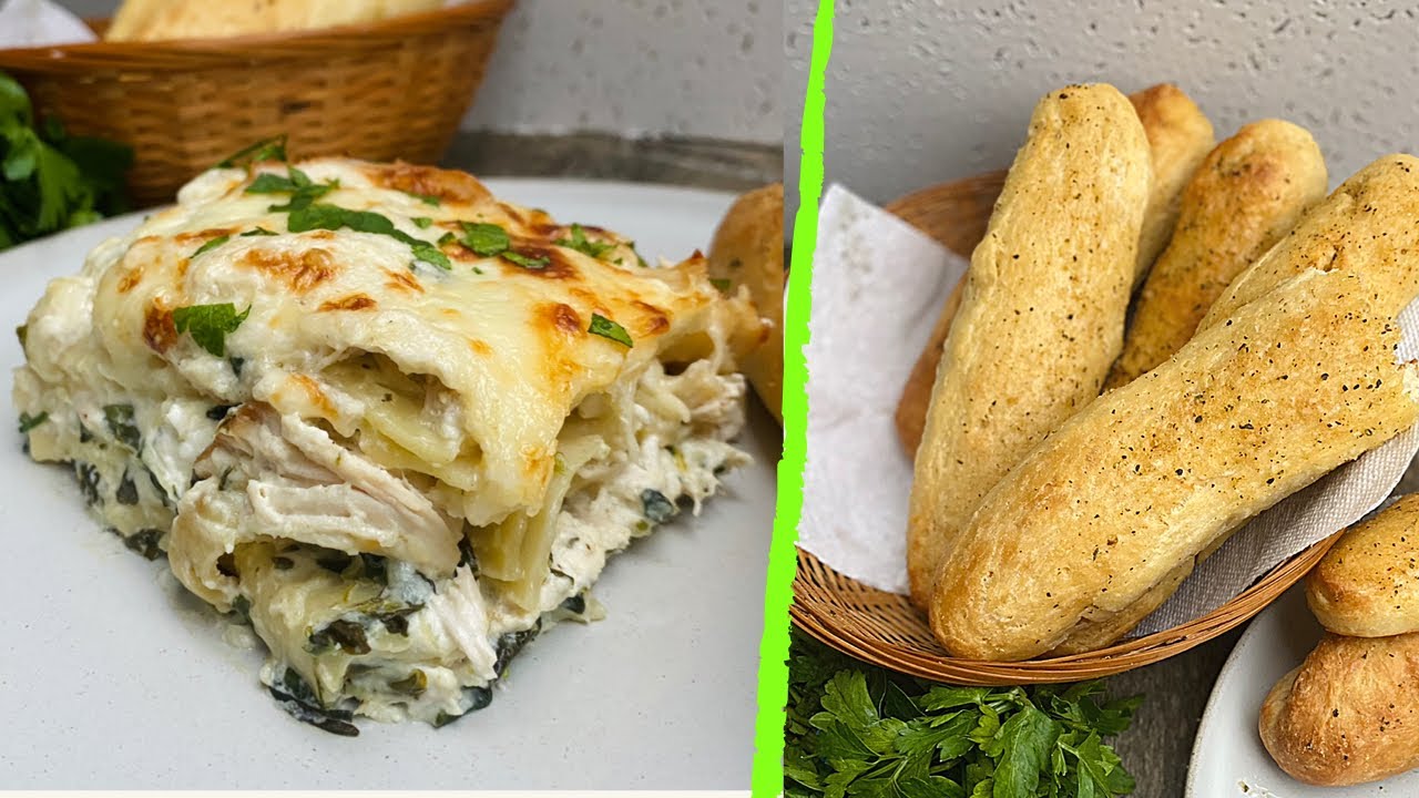 CHICKEN ALFREDO LASAGNA w/ HOMEMADE BREADSTICKS