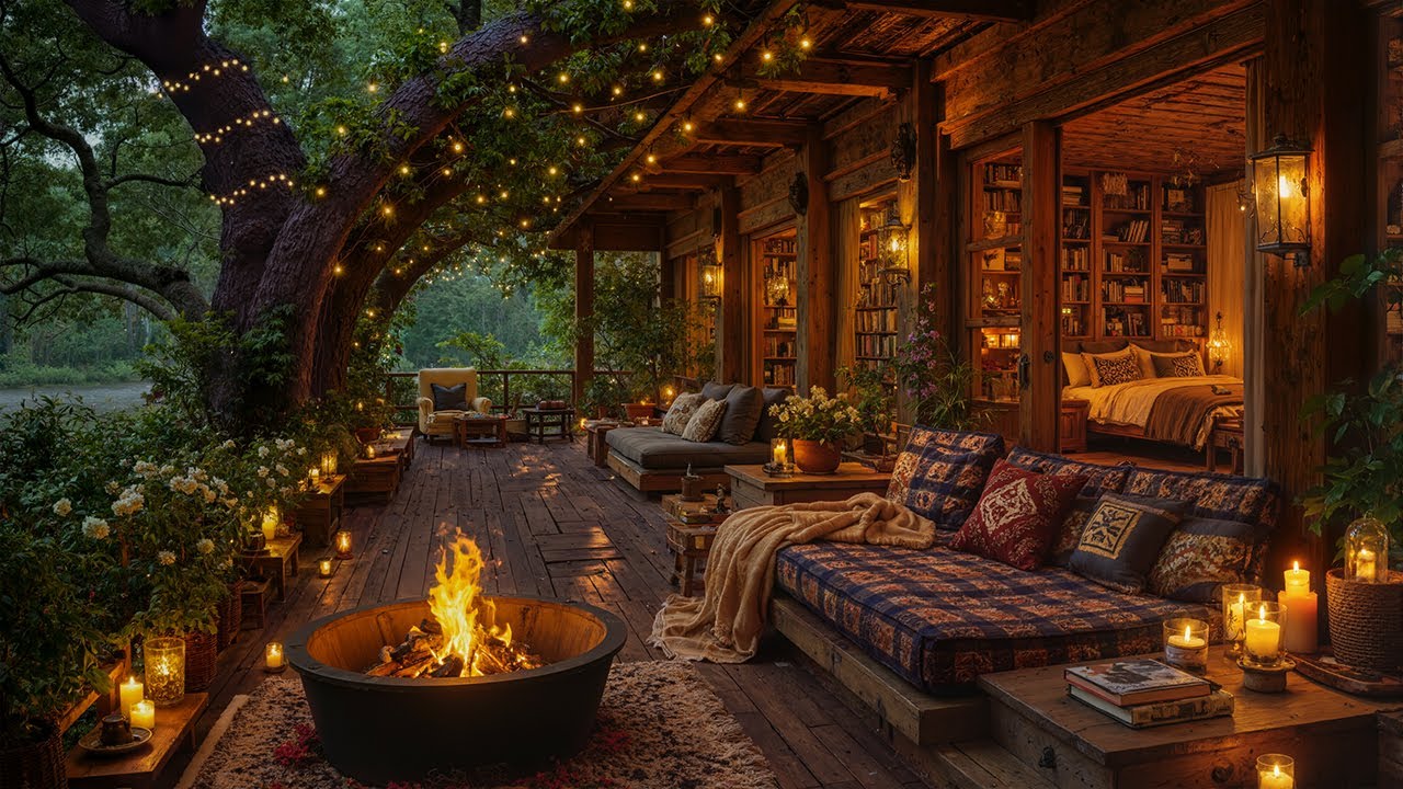 Mellow Jazz at Cozy Porch Ambience | Gentle Fire Pit Glow for Relaxation, Deep Focus & Cozy Comfort