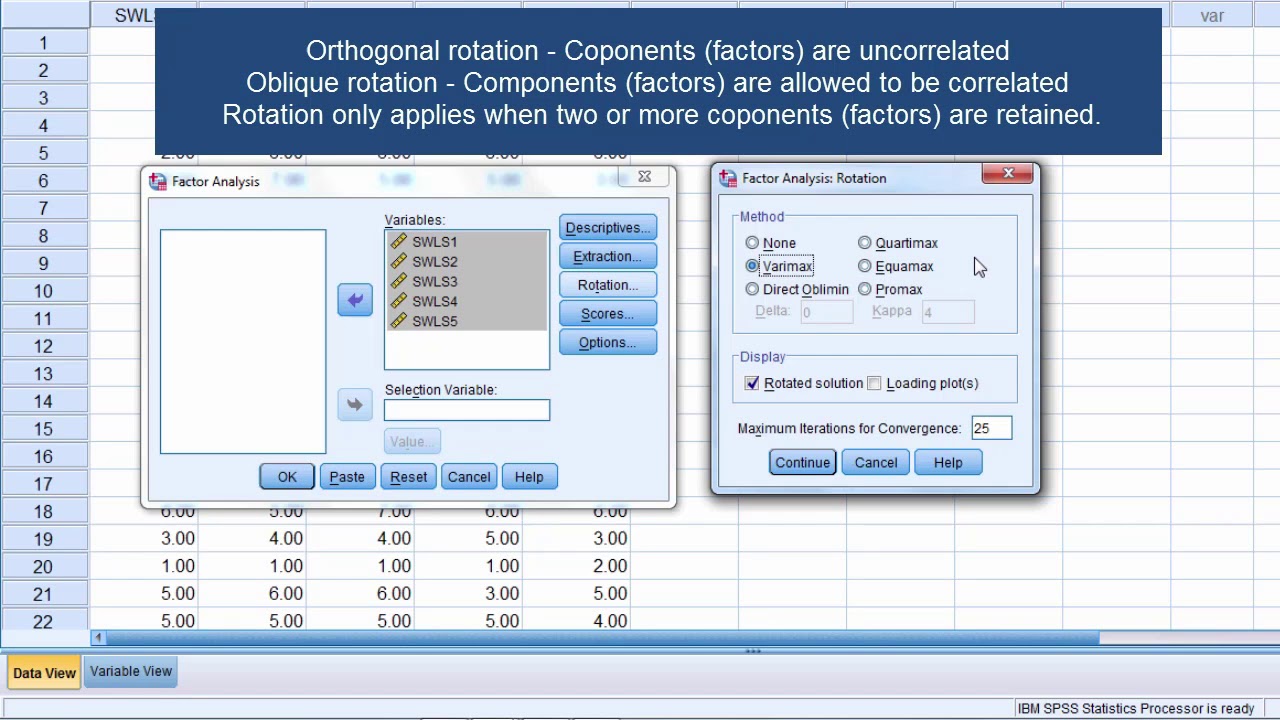 Types of Rotation in Factor Analysis - Orthogonal and Oblique; Varimax; Oblimim