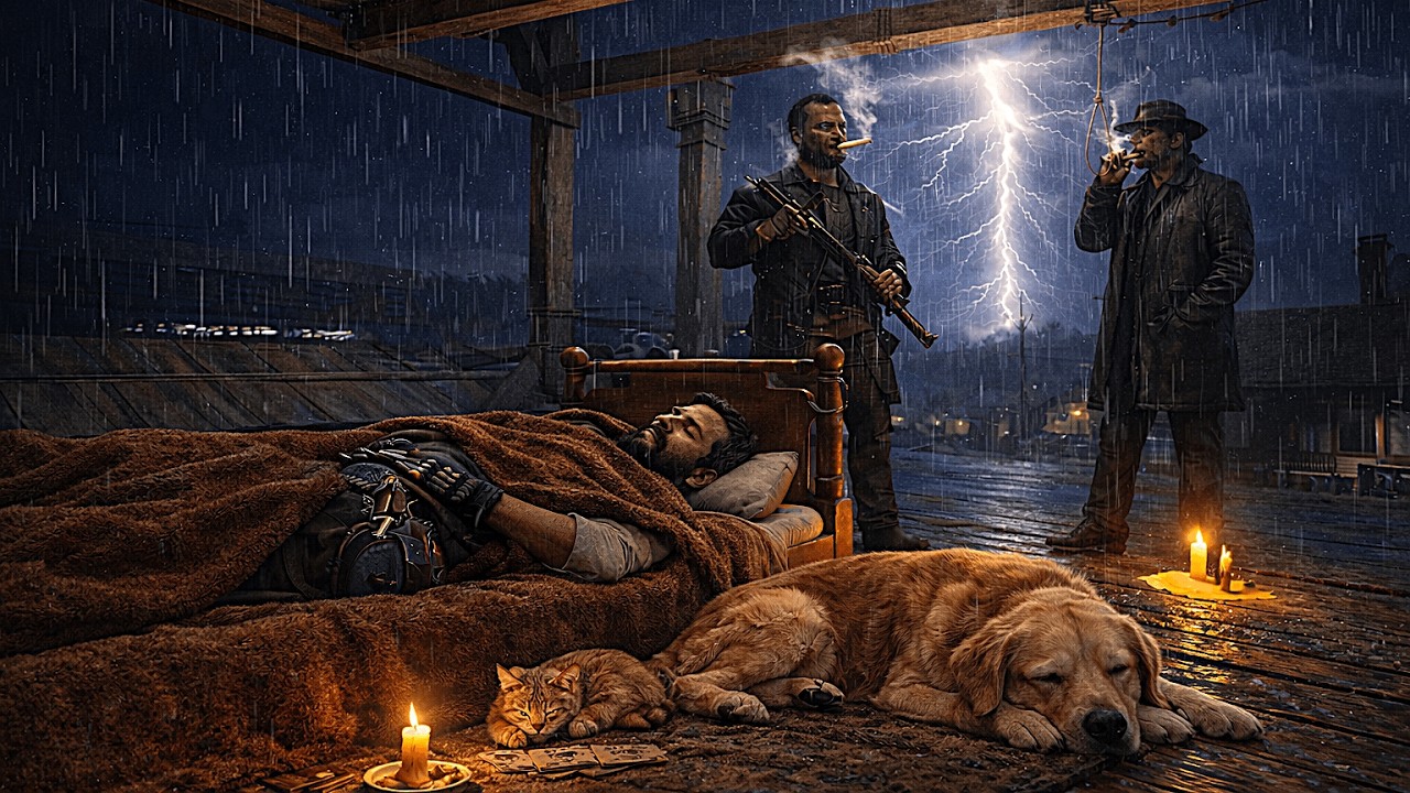 Peacefull Storm Night In Porch | John And His Cat and Dog Sleeping in A Cozy Porch | RDR2 ASMR