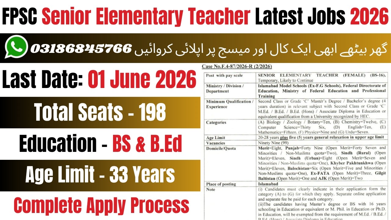 FPSC Senior Elementary Teacher Jobs 2026 | Elementary School Teacher Jobs  | FPSC Lecturer Jobs 2026