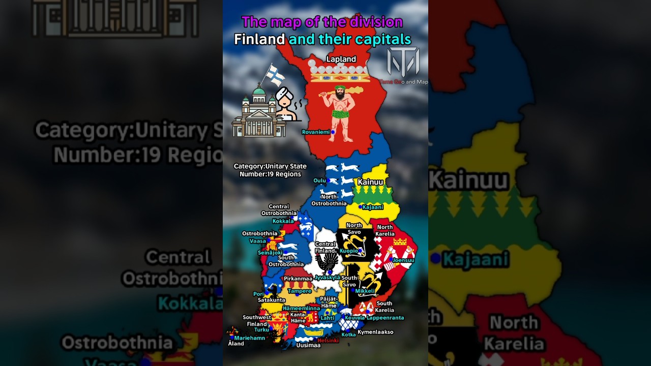 The map of the divisions of Finland and their capitals
