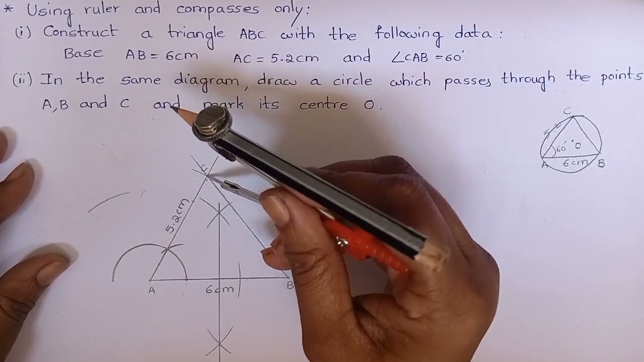 Постройте треугольник ABC. Основание AB = 6 см, AC = 5,2 см, угол CAB = 60'. Начертите окружность...
