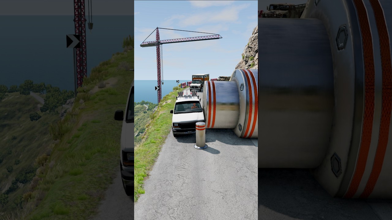 Cars & School Bus vs Giant Pit Bollards Crash #2 - BeamNG.Drive
