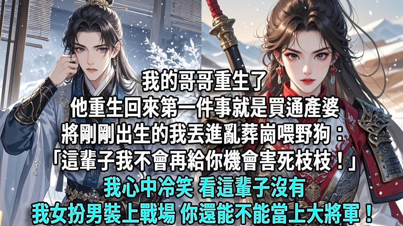 我的哥哥重生了，他重生回來第一件事就是買通產婆，將剛剛出生的我丟進亂葬崗喂野狗：「這輩子我不會再給你機會害死枝枝！」我心中冷笑，看這輩子沒有我女扮男裝上戰場，你還能不能當上大將軍！