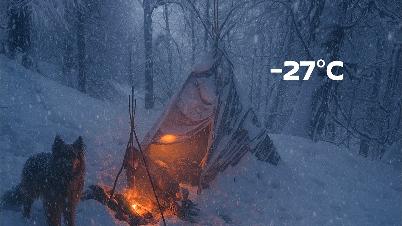 Surviving -21°C in a Blizzard with Just a Fire and My Dog! 🐺❄️ | Extreme Winter Bushcraft Shelter