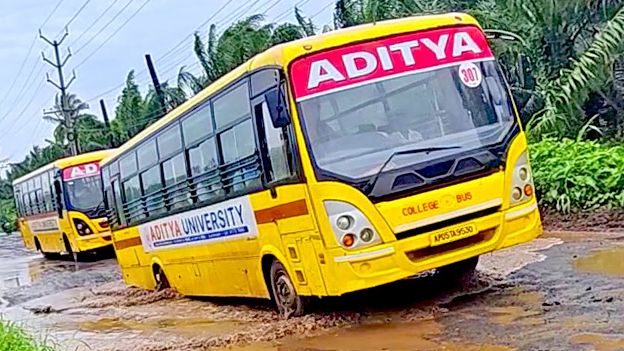 Daily Grind : Bus Drivers Battle Potholes | School Bus driving in pothole | Bus videos