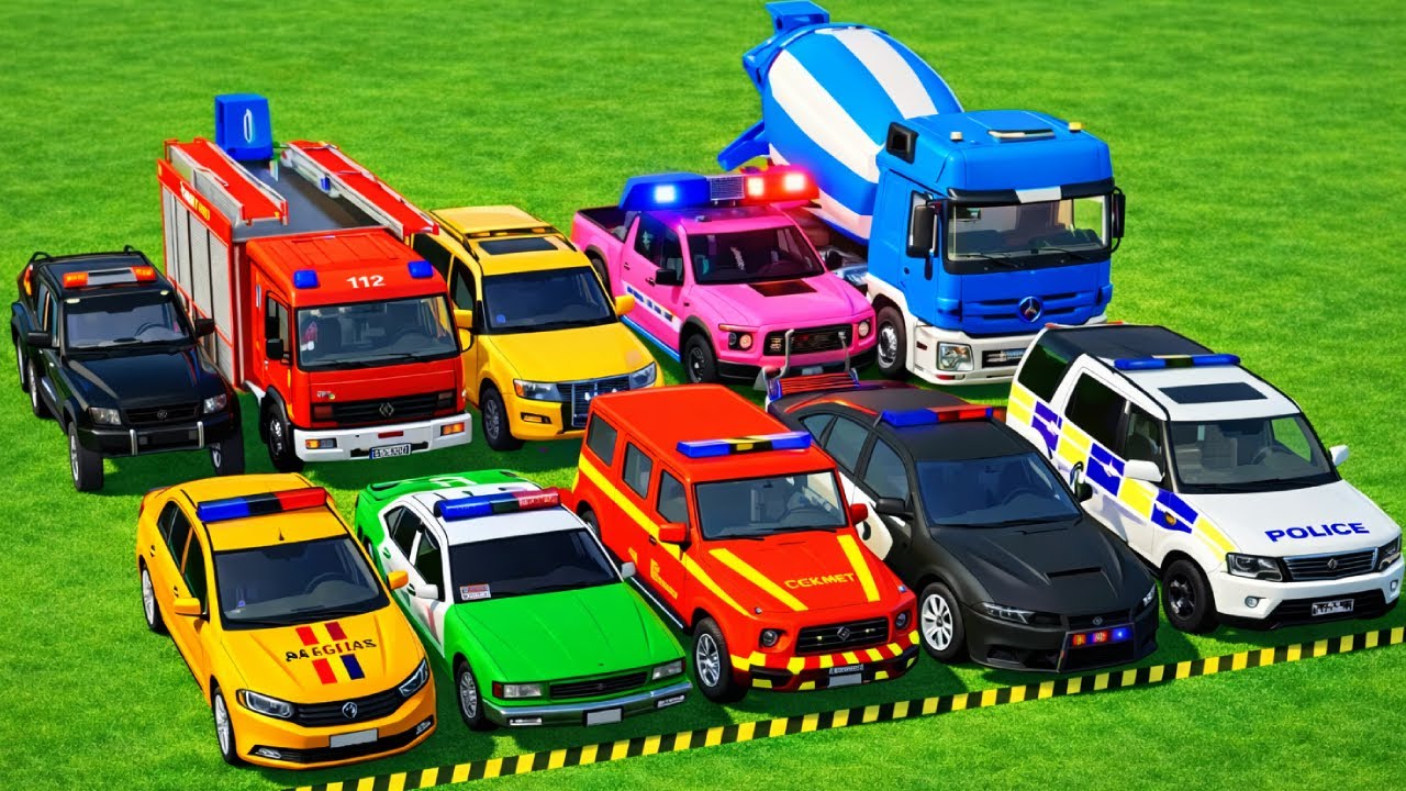 TRANSPORTING POLICE CARS, AMBULANCE, FIRE TRUCK, COLORFUL CARS WITH TRUCK -FARMING SIMULATOR 22!,