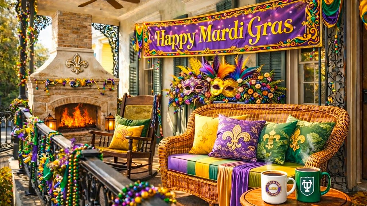 New Orleans ⚜️ Mardi Gras Jazz 🎷 Brass Band Music Ambience Cozy Porch Fireplace Sounds Background 
