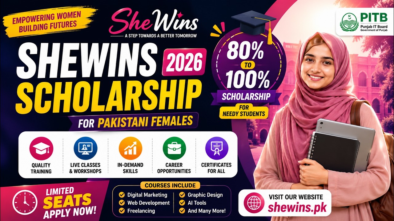 Punjab IT Board SheWins Training Program 2026 | 80% & 100% Scholarship | Learn & Make Money Online