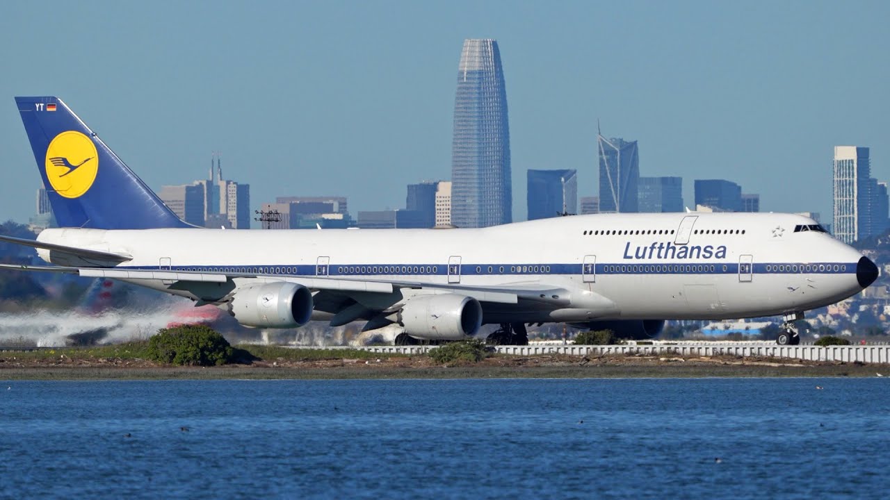 Lufthansa Retro Livery Boeing 747-8 D-ABYT Takeoff from San Francisco Airport