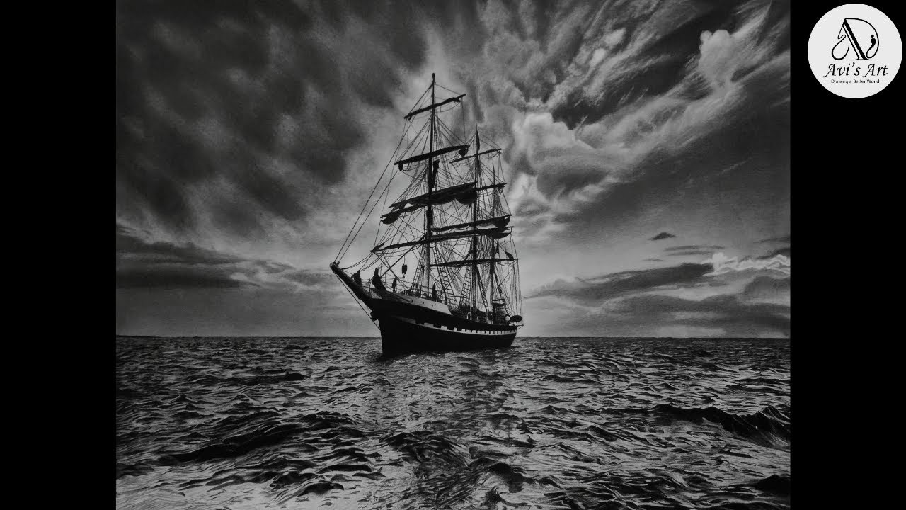 How to draw ship, boat sketch, black pearl drawing pirates of the Caribbean realistic sea waves