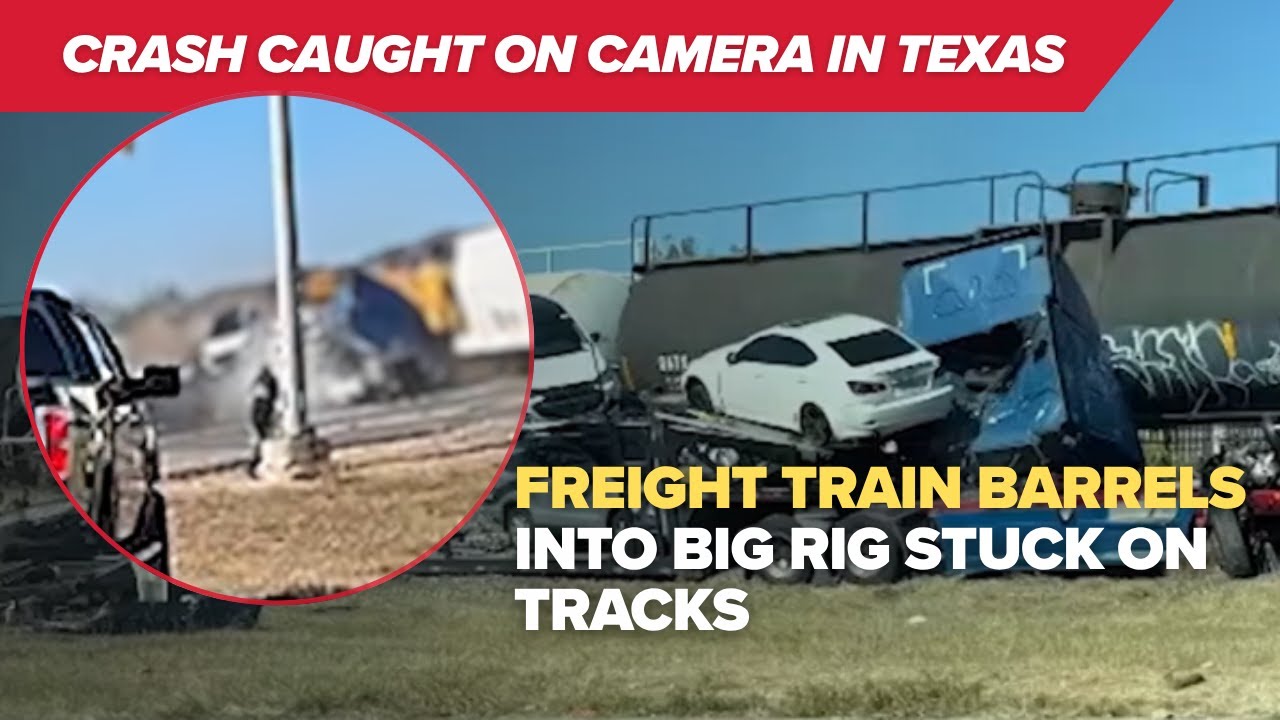Train plows into truck stuck on Texas railroad tracks | Caught on camera