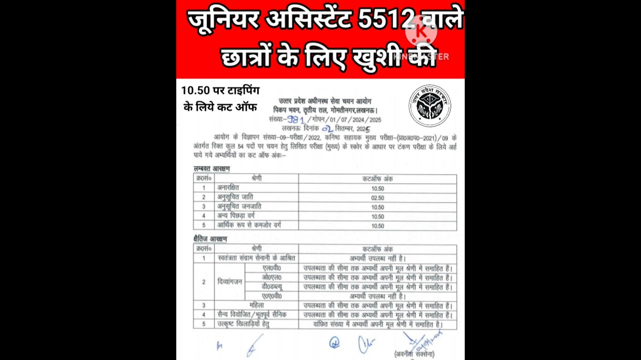 UPSSSC TYPING CUT OFF 2025 ! Junior Assistant 62 Post Typing Cut Off ! UPSSSC CUT OFF 2025
