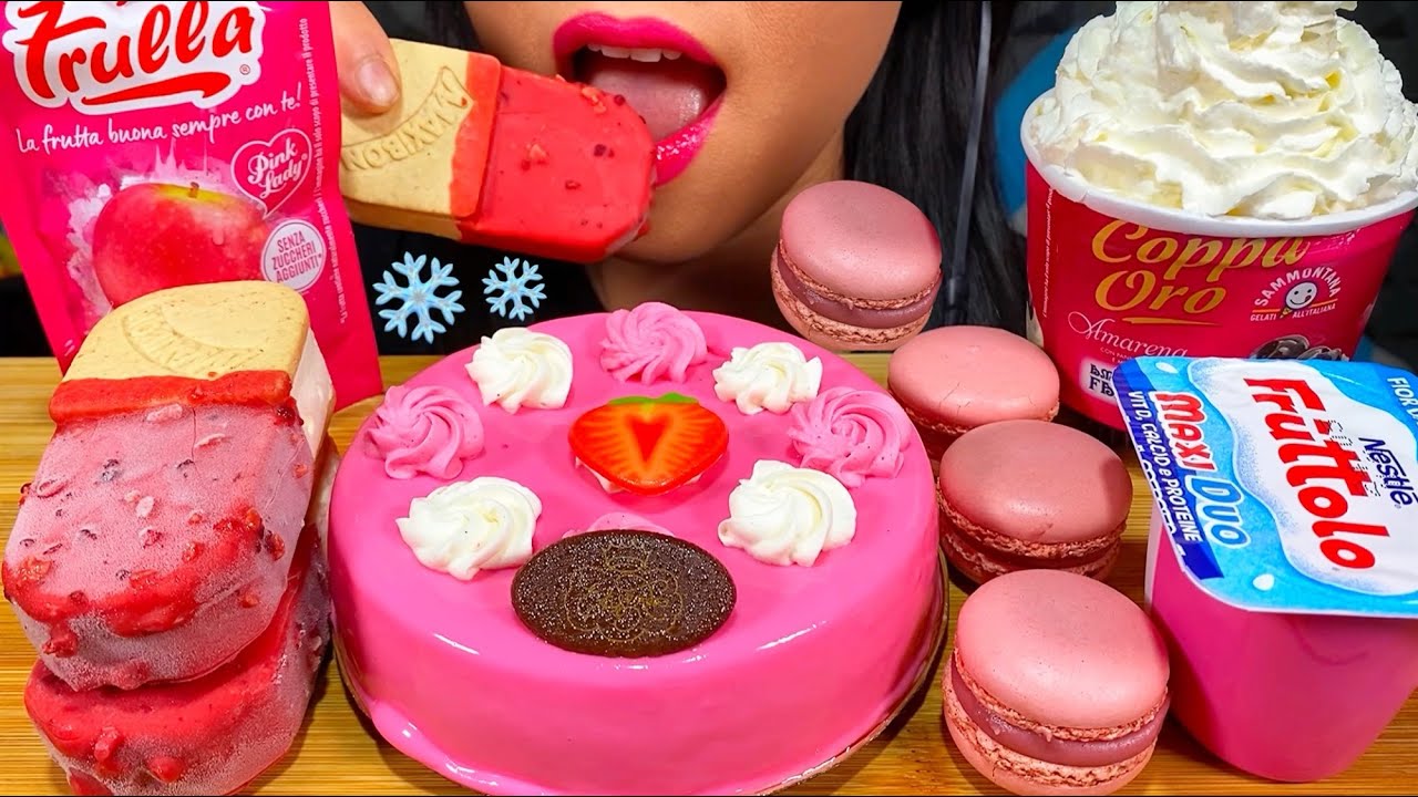 ASMR STRAWBERRY MOUSSE CAKE, RED CHEESECAKE ICE CREAM, MACARONS, YOGURT MASSIVE Eating Sounds