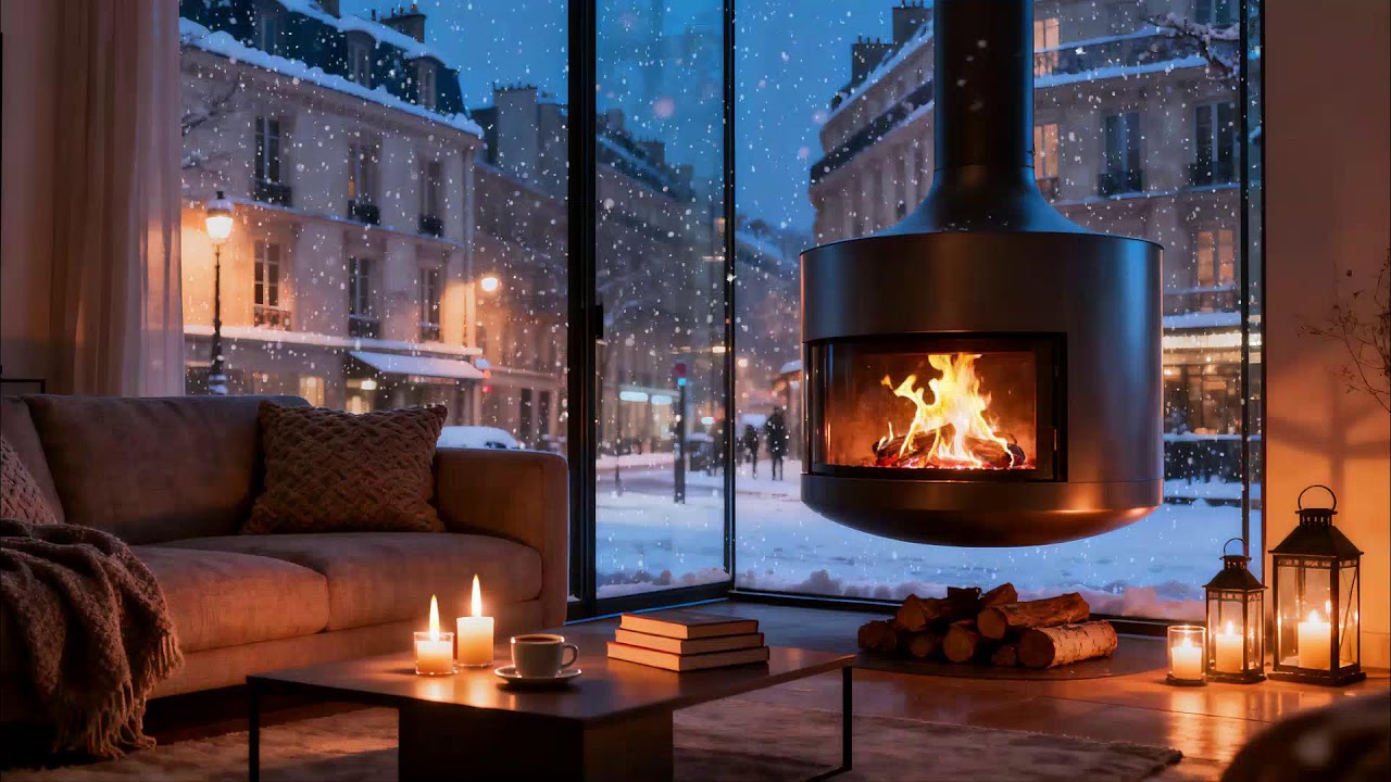 Snowy Evening in a Glass Apartment 🔥 Modern Firelight and City Silence