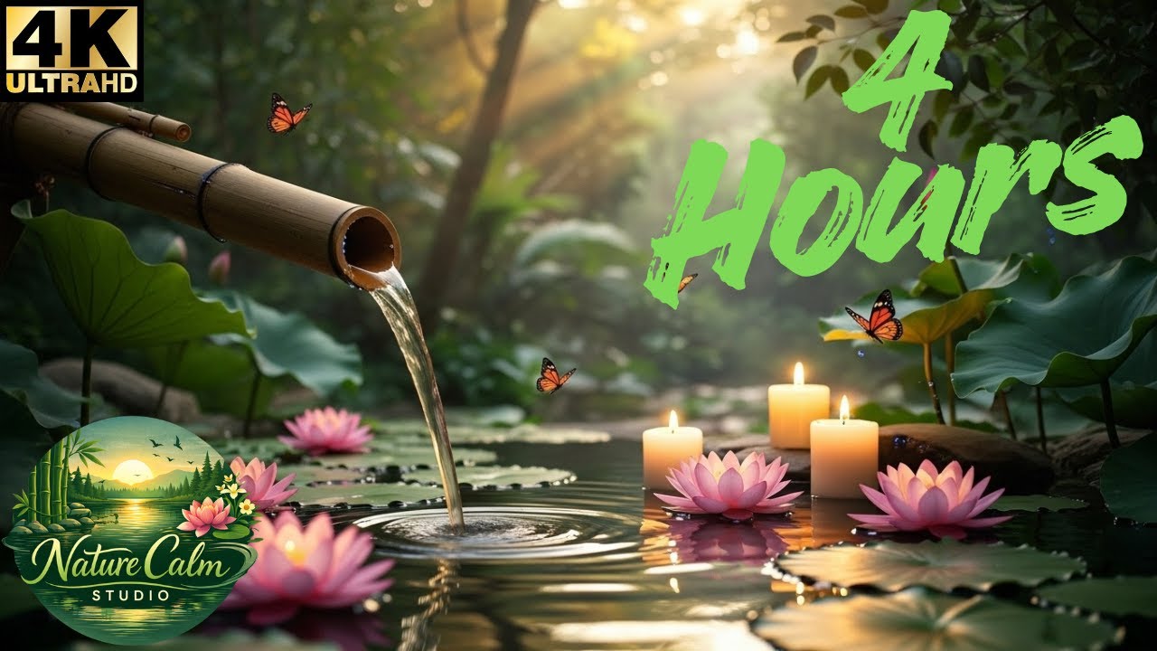 Zen Garden Water Flow 🌸 Bamboo Fountain, Lotus Flowers & Candlelight | Peaceful ASMR