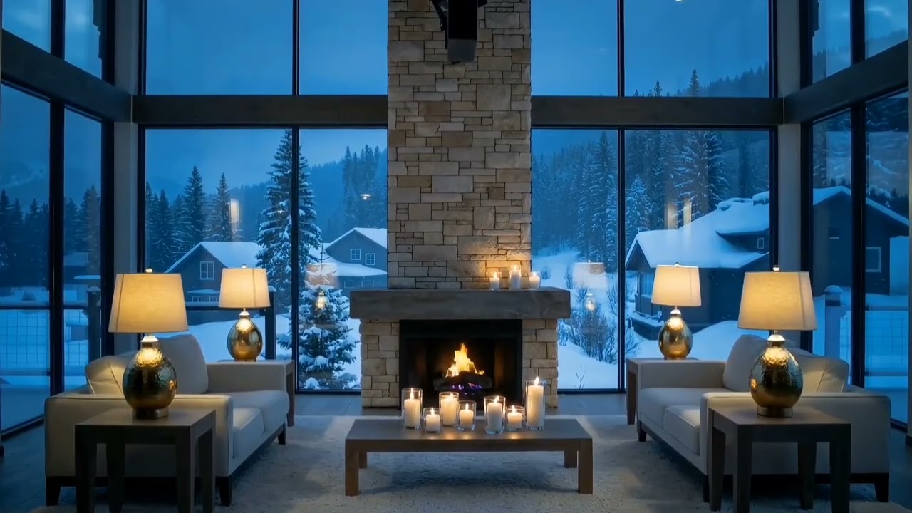 Luxury Winter Lodge & Smooth Jazz 🎷 Cozy Fireplace, Candles & Snowfall Ambience