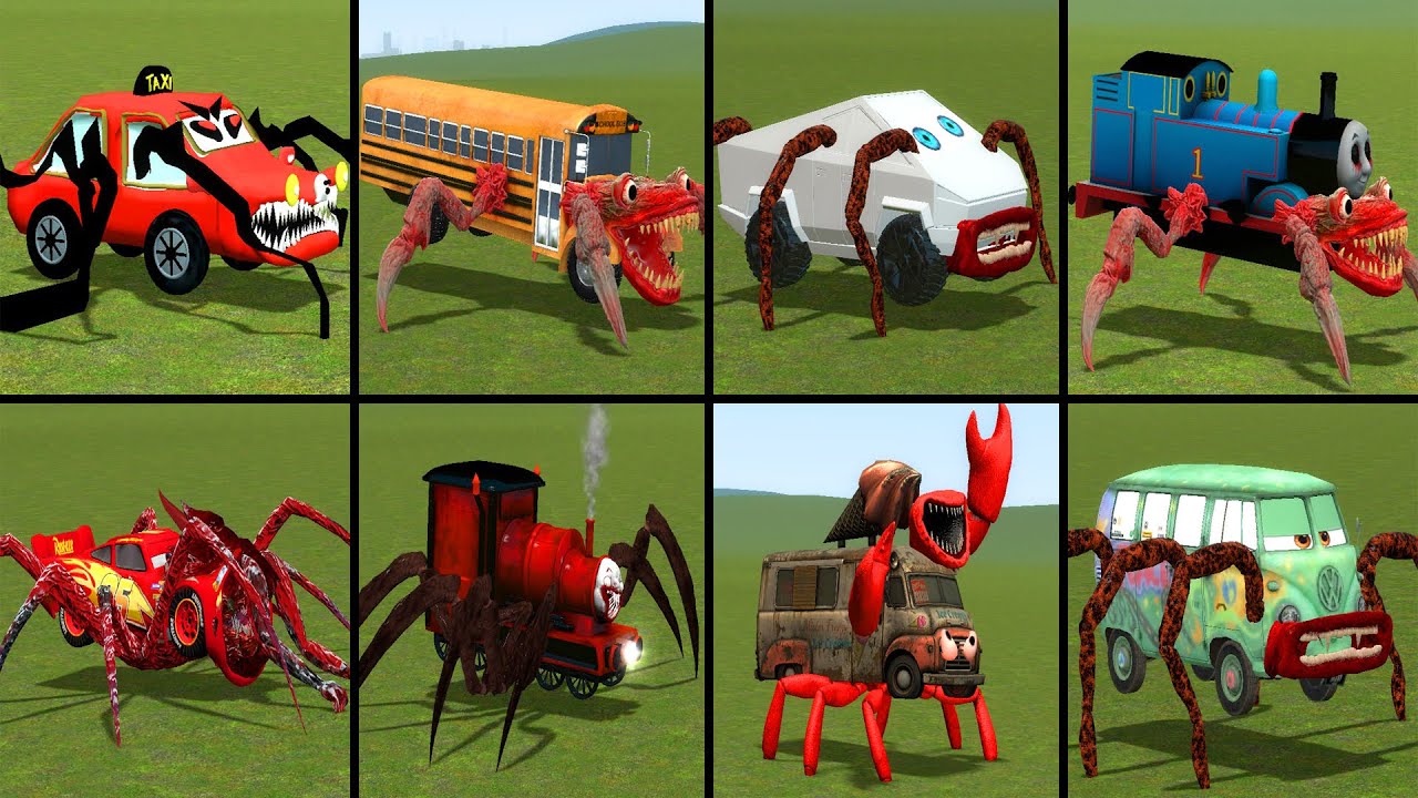NEW CAR MONSTER: TAXI CAR EATER, SCHOOL BUS EATER, TESLA EATER, TRAIN EATER AND FRIENDS IN GMOD!!