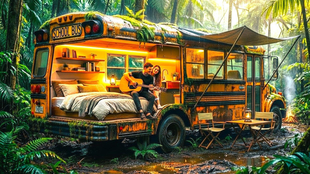 I Built a SECRET Hidden Bus Home in the Jungle During Heavy Rain… (ASMR)