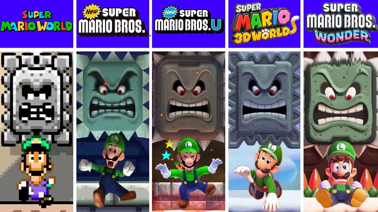 Evolution of Luigi Dying Crushed by Thwomps in Super Mario Games (1988-2024)