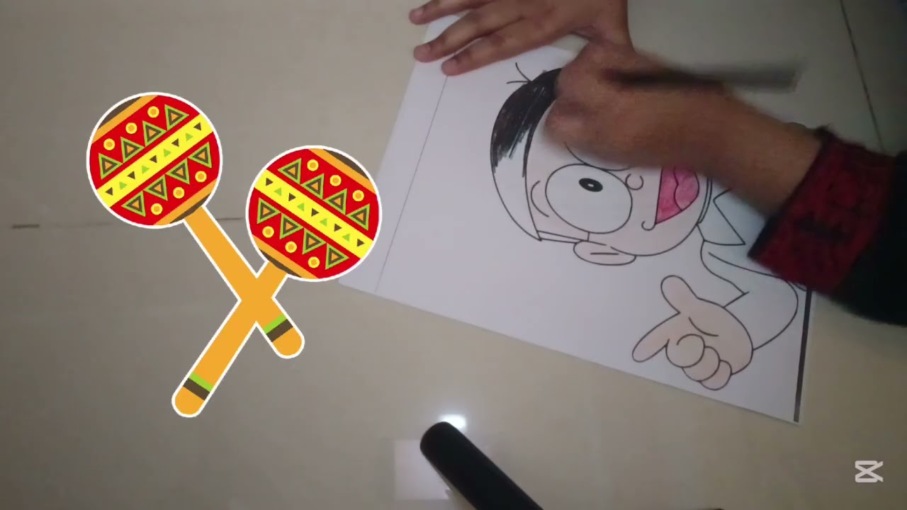 Nobita smiles in yellow shirt and blue shorts, standing happily in a bright, playful scene. Fun! kid