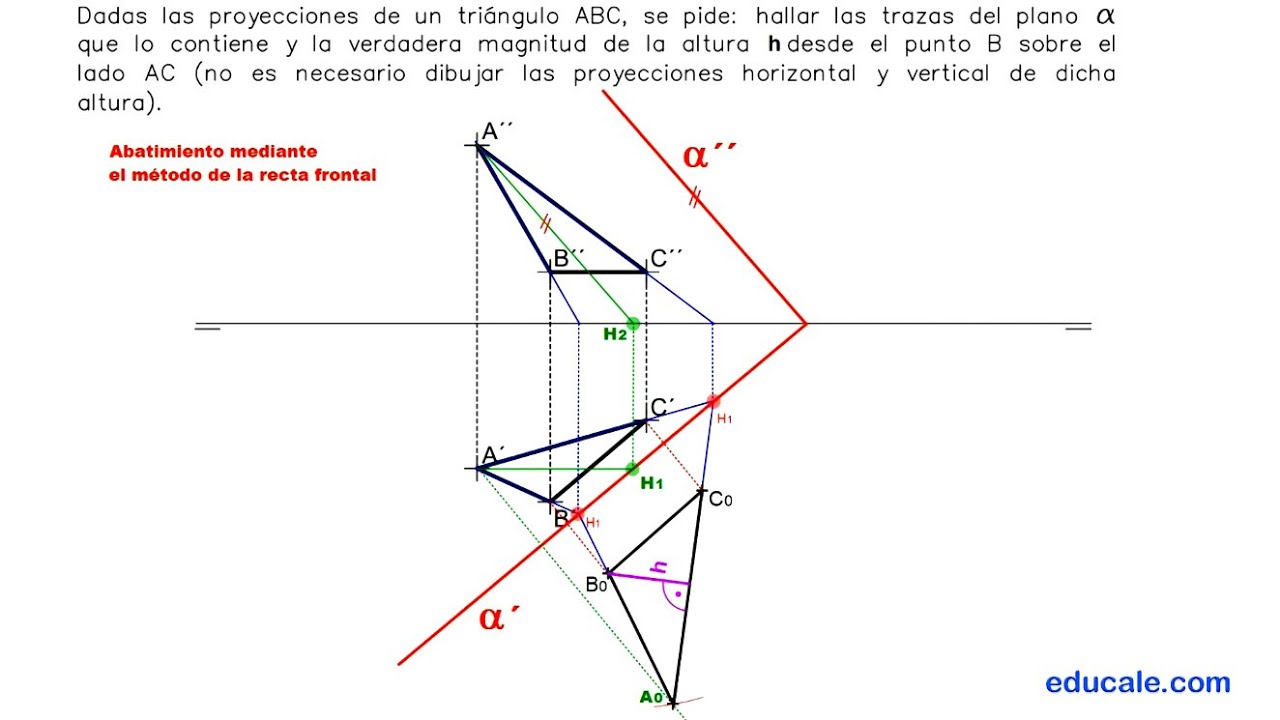 1.7 - Dado un triángulo hallar las trazas del plano que lo contiene y V.M de la altura de B sobre AC