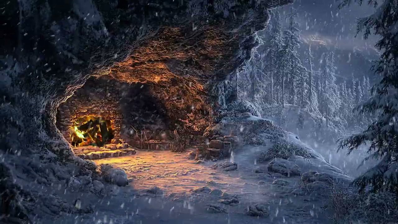 Cold Winter Cave Soundscape | Fireplace and Wind for Focus and Rest