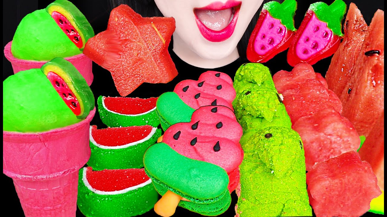 ASMR Watermelon Dessert, Macaron, Jelly 수박 마카롱, 젤리 디저트 먹방 Mukbang, Eating