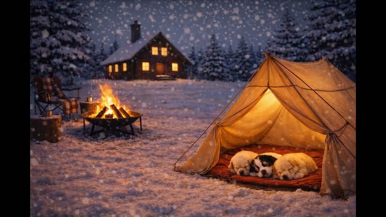 Cozy Winter Campfire ❄️ Soft Piano & Snowfall | Sleeping Puppies ASMR (11h 50m)