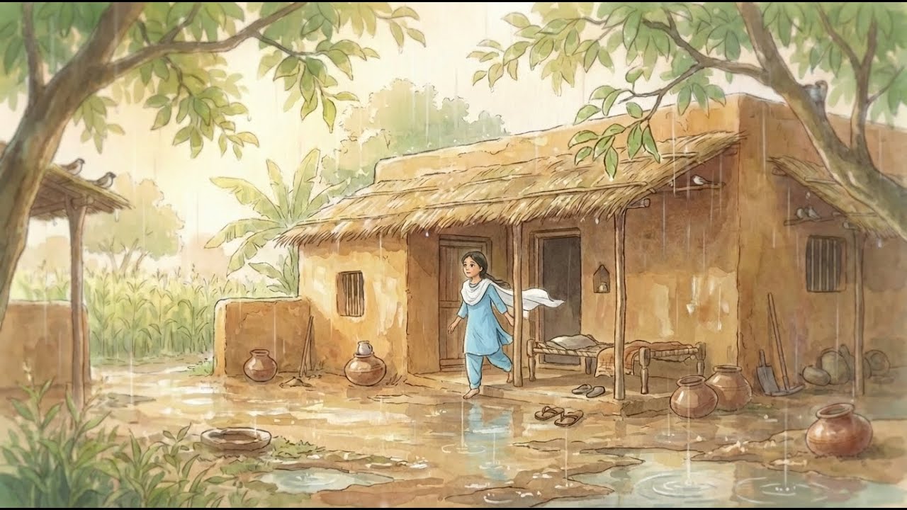 Rainy Punjabi Farmhouse – Ghibli-Style Mini Animation | Butter Churning & Rotis”