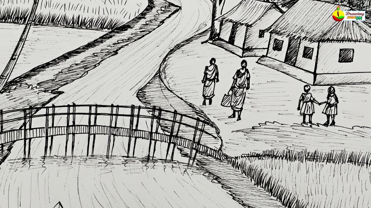 How to draw a bamboo bridge over a river || Village life drawing. 