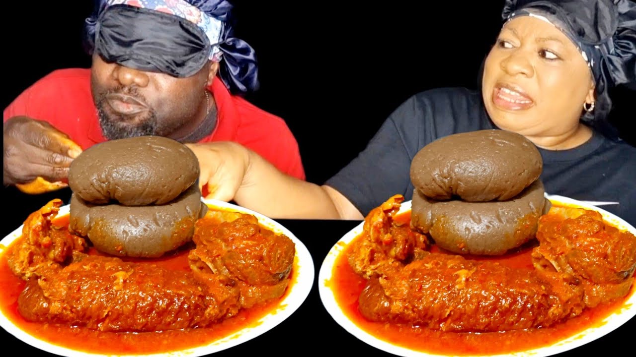 Asmr blindfold mukbang with goat meat and amala fufu eating sound challenge