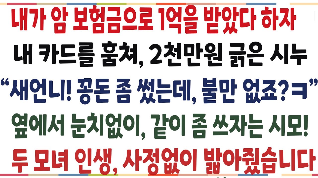 (반전신청사연)내가받은 암 보험금이 꽁돈이라며, 내 카드를 훔쳐 2천만원 긁은 시누! 옆에서 눈치없이 꽁돈좀 같이쓰자는 시모! 그들의 결말은..[신청사연][사이다썰][사연라디오]