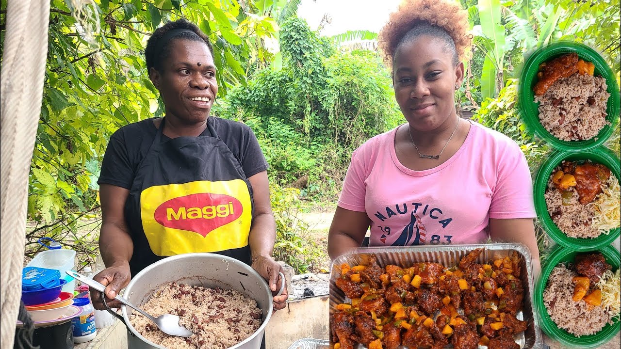 rice and peas with sweet & sour chicken with @IslandQueenRere outdoors cooking