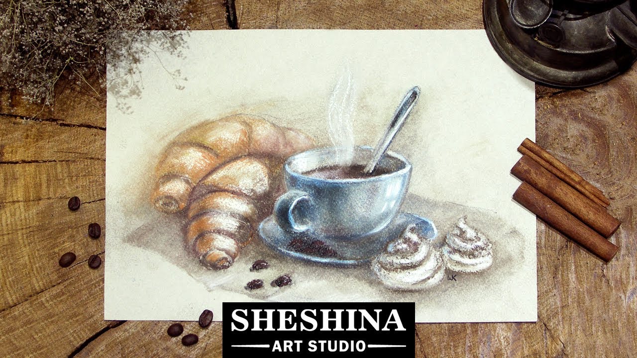 How to draw a сup of coffee and croissants with soft pastels 🎨 Food Illustration