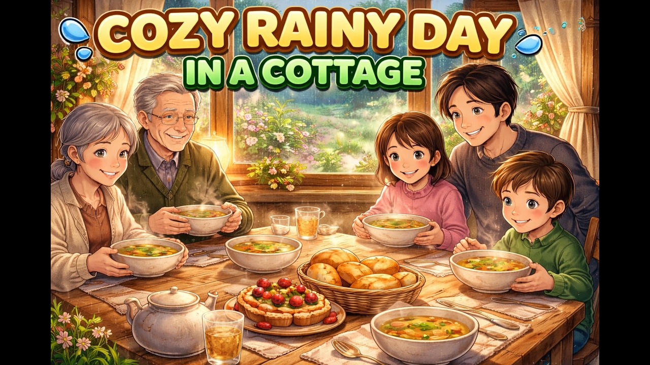 🌧️ Cozy Rainy Day in a Cottage | Family Cooking & Warm Soup | Ghibli Style Relaxing Story