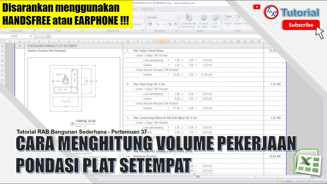 37. Cara menghitung volume pekerjaan pondasi plat setempat