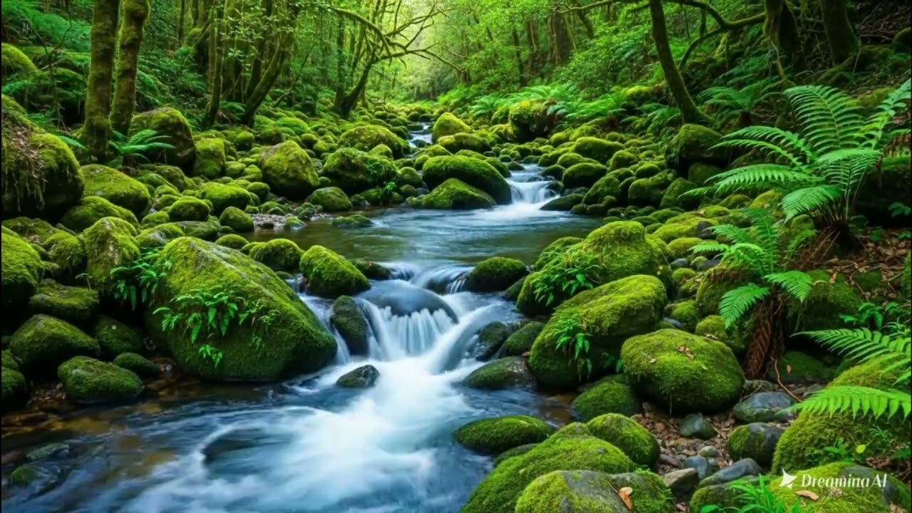 The scenery of water flowing and falling from the mountains naturally beautiful blends with the song