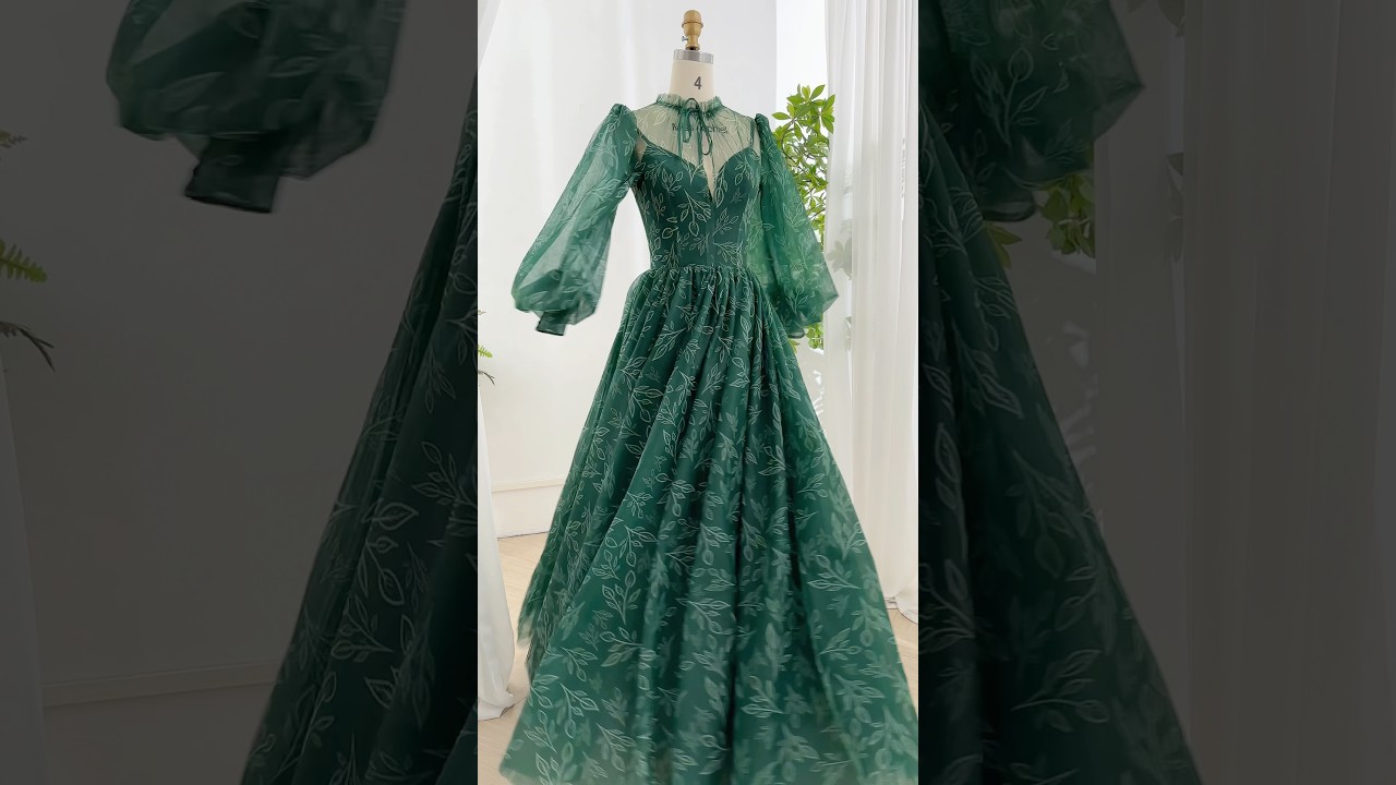 Long sleeves high neck elegant dark green dress #dress #gown #fashion #prom #wedding #sewing