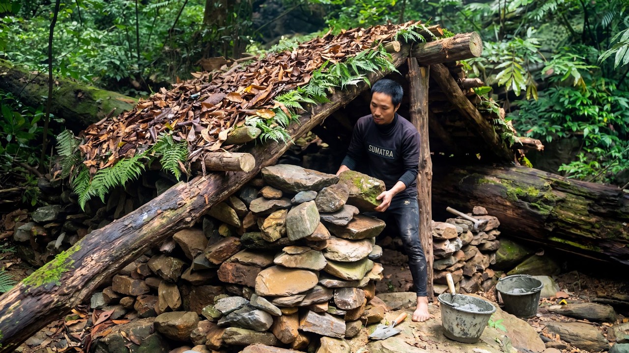 Hidden Rainforest Shelter 🌲 Crafting a Strong Stone Cabin with Ancient Fallen Tree Trunks